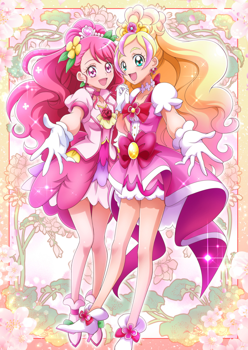 2girls :d aqua_eyes blonde_hair commentary_request cure_flora cure_grace eyebrows_visible_through_hair full_body gloves go!_princess_precure hanadera_nodoka hanzou haruno_haruka healin'_good_precure heart highres long_hair looking_at_viewer magical_girl multicolored_hair multiple_girls open_mouth pink_eyes pink_hair precure smile standing streaked_hair white_gloves