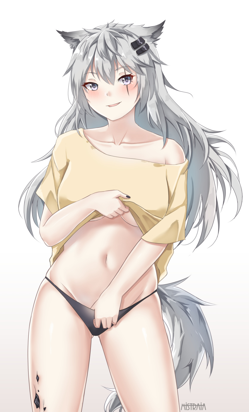 1girl absurdres animal_ears arknights artist_name bangs black_panties breasts collarbone commentary cowboy_shot grey_eyes grey_hair highres lappland_(arknights) lifted_by_self long_hair looking_at_viewer medium_breasts messy_hair midriff mistraia navel off-shoulder_shirt off_shoulder ore_lesion_(arknights) panties scar scar_across_eye shirt shirt_lift smile solo standing tail under_boob underwear wolf_ears wolf_tail