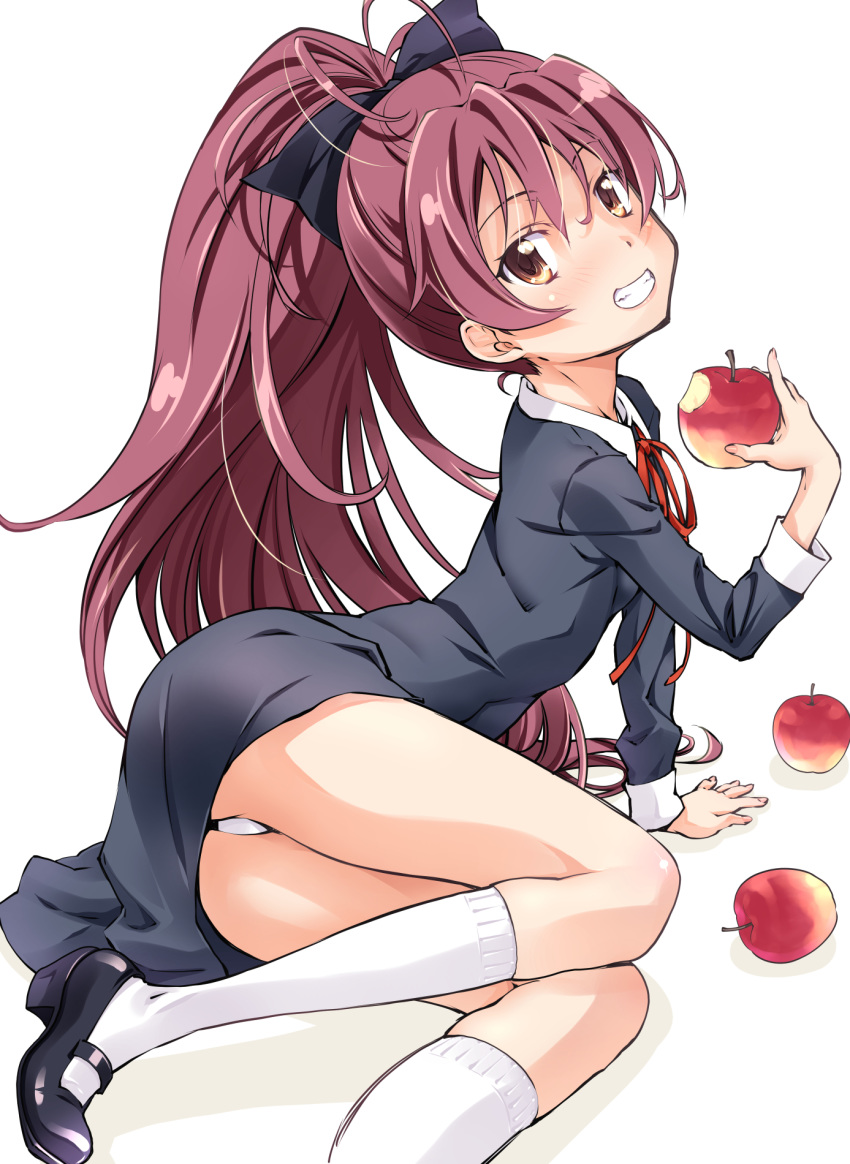 1girl apple blush dress food fruit highres long_hair looking_at_viewer mahou_shoujo_madoka_magica panties pantyshot red_dress red_eyes sakura_kyouko smile socks solo suzuki24 underwear white_legwear white_panties