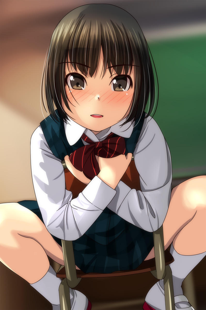 1girl absurdres bangs black_hair blue_dress blurry blurry_background blush bow brown_eyes chair collared_shirt crossed_arms depth_of_field diagonal_stripes dress eyebrows_visible_through_hair highres indoors long_sleeves looking_at_viewer matsunaga_kouyou nose_blush on_chair original parted_lips pleated_dress red_bow school_chair school_uniform shirt shoes short_hair sitting sitting_backwards sleeveless sleeveless_dress smile socks solo striped striped_bow upper_teeth uwabaki white_footwear white_legwear white_shirt