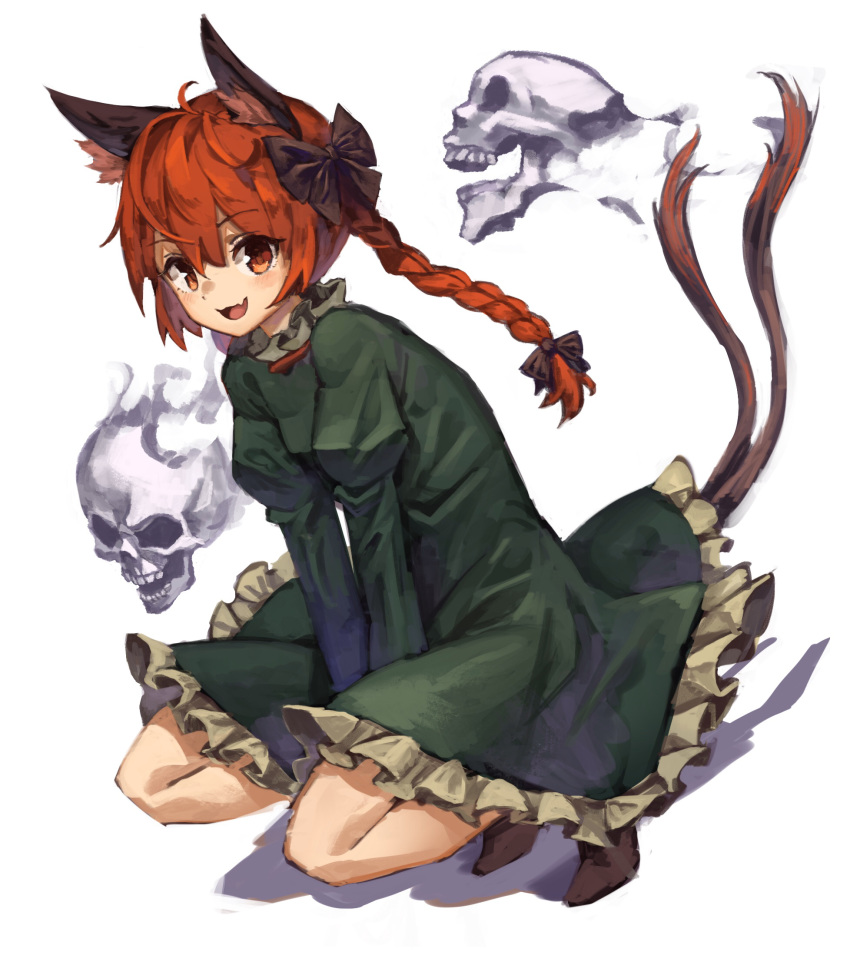 1girl ahoge animal_ears bangs black_bow black_ribbon blush bow braid cat_ears cat_tail dress extra_ears eyebrows_visible_through_hair fangs frilled_dress frilled_sleeves frills full_body green_dress hair_bow highres hitodama juliet_sleeves kaenbyou_rin long_hair long_sleeves looking_at_viewer multiple_tails nekomata puffy_sleeves red_eyes redhead ribbon simple_background skull tail touhou twin_braids two_tails white_background yanyan_(shinken_gomi)