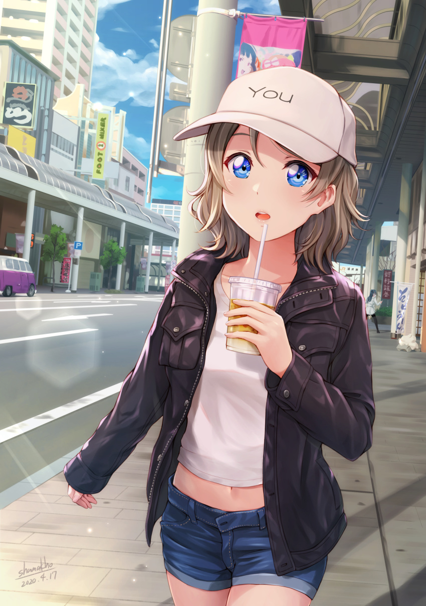 2girls baseball_cap blue_eyes blush breast_pocket brown_hair building car character_name city clothes_writing cowboy_shot cup dated day denim denim_shorts disposable_cup ground_vehicle hat highres holding holding_cup lens_flare long_sleeves love_live! love_live!_sunshine!! motor_vehicle multiple_girls navel open_clothes open_fly open_mouth open_shorts outdoors pocket road shamakho shirt short_hair short_shorts shorts signature solo_focus street tsushima_yoshiko unbuttoned watanabe_you white_headwear white_shirt
