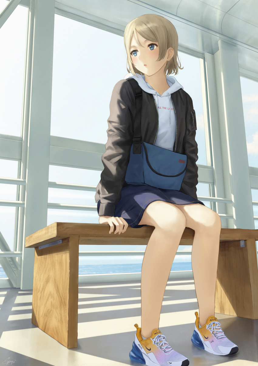 1girl bag bench black_jacket blue_eyes blue_skirt brown_hair commentary_request drawstring grey_hair highres hood hood_down indoors jacket long_sleeves looking_to_the_side love_live! love_live!_sunshine!! miniskirt nike ocean papi_(papiron100) parted_lips shoes short_hair shoulder_bag signature sitting skirt sneakers solo watanabe_you white_hoodie window