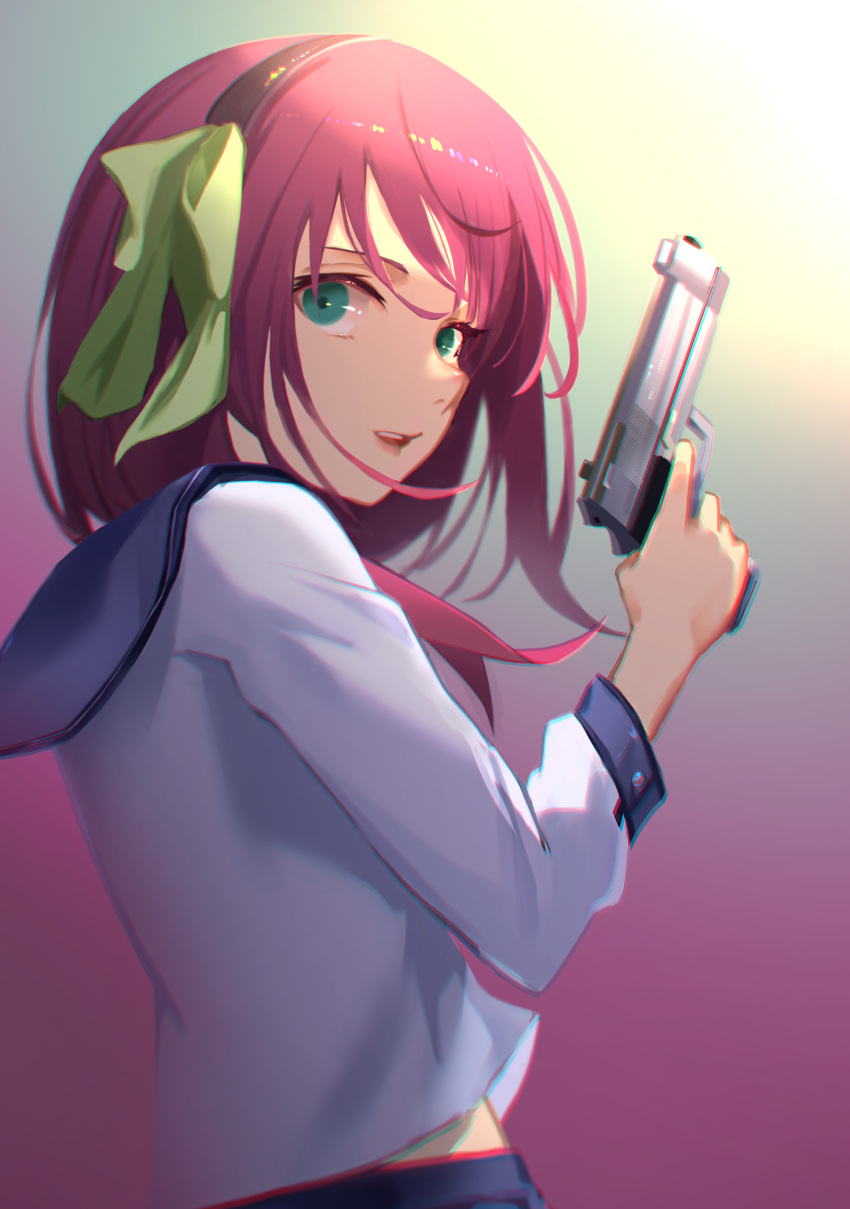 1girl absurdres angel_beats! bangs black_hairband blue_sailor_collar bow from_side gradient gradient_background green_bow green_eyes gun hair_bow hairband handgun highres holding holding_gun holding_weapon long_sleeves oekaki_taro open_mouth redhead sailor_collar shiny shiny_hair shirt short_hair solo upper_body weapon white_shirt yuri_(angel_beats!)