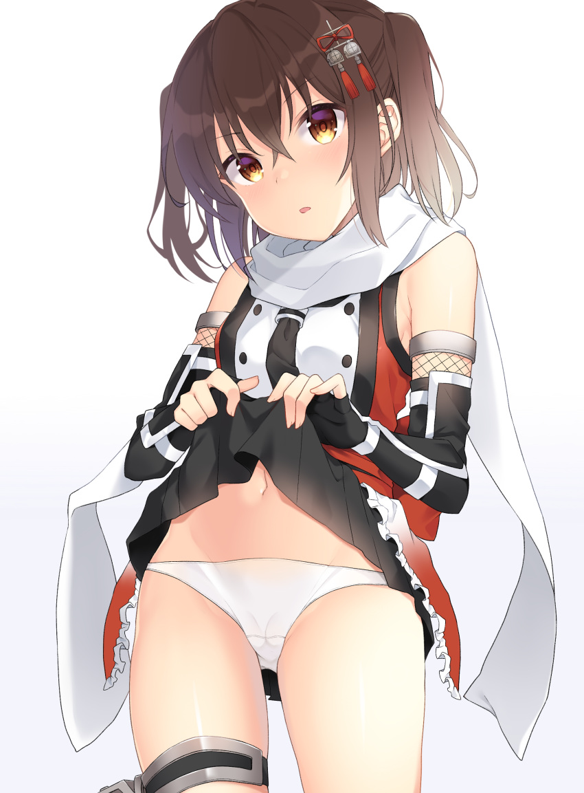 1girl absurdres bangs black_gloves blush breasts brown_eyes brown_hair crossed_bangs elbow_gloves eyebrows_visible_through_hair fingerless_gloves frills gloves hair_between_eyes hair_ornament highres kantai_collection lifted_by_self medium_hair open_mouth panties remodel_(kantai_collection) sailor_collar scarf sendai_(kantai_collection) simple_background skirt skirt_lift sleeveless small_breasts solo two_side_up underwear white_panties white_scarf yuzuttan