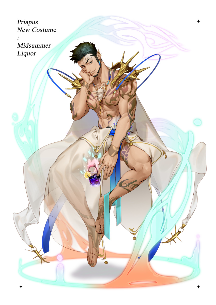1boy abs absurdres alternate_costume bara black_hair chest chiizu_namasu cup drinking_glass facial_hair full_body green_eyes gyee hand_on_own_face highres jewelry looking_at_viewer male_focus muscle navel necklace nipples open_clothes pectorals priapus_(gyee) revealing_clothes seashell shell sitting smile solo tattoo