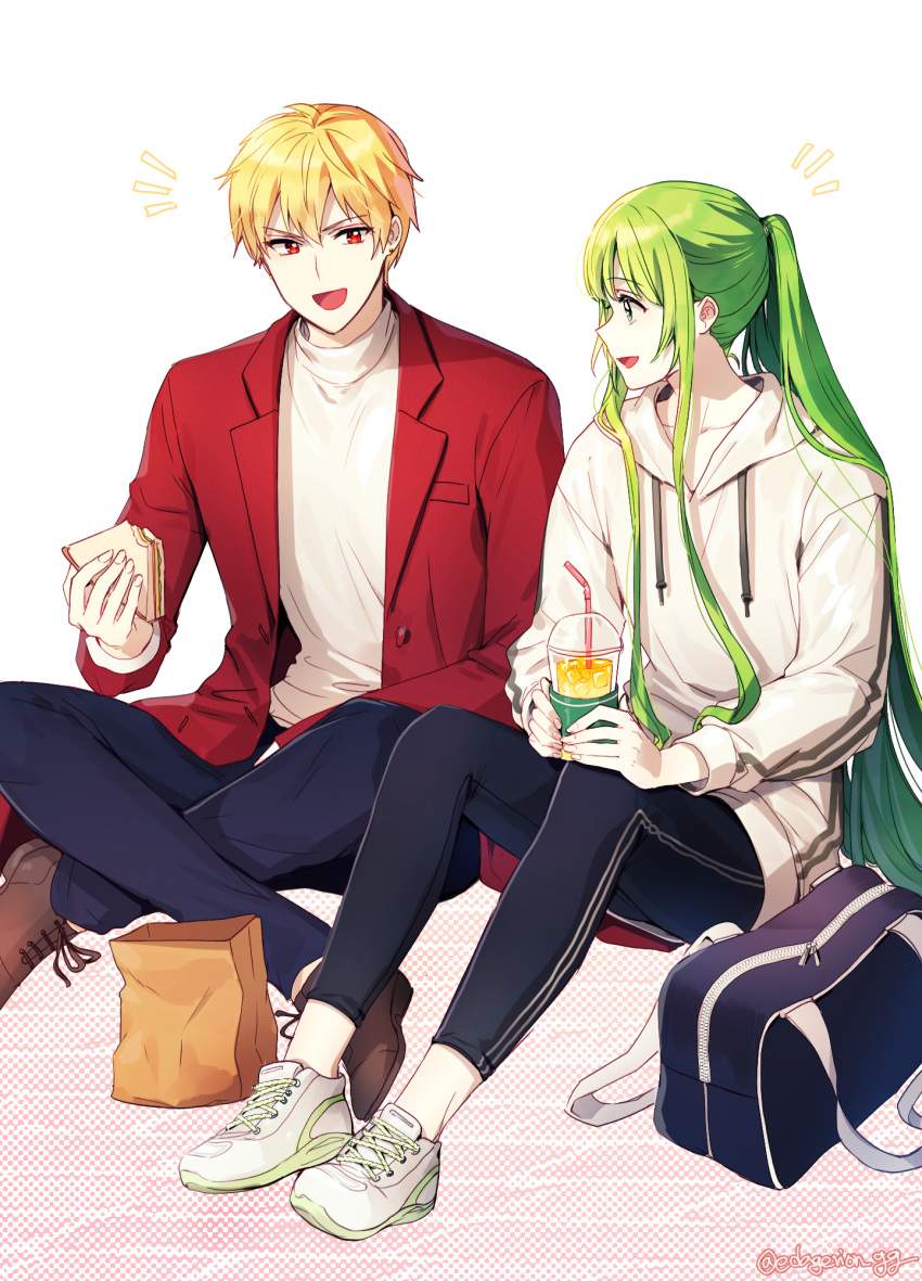 2boys :d androgynous bag black_pants blonde_hair blue_pants brown_footwear casual coat crossed_legs ede enkidu_(fate/strange_fake) fate/strange_fake fate_(series) food full_body gilgamesh green_eyes green_hair highres holding holding_food hood hood_down hooded_sweater long_hair long_sleeves multiple_boys open_mouth pants ponytail red_coat red_eyes sandwich school_bag shiny shiny_hair shoes sidelocks simple_background sitting smile sneakers sweater very_long_hair white_background white_footwear white_sweater