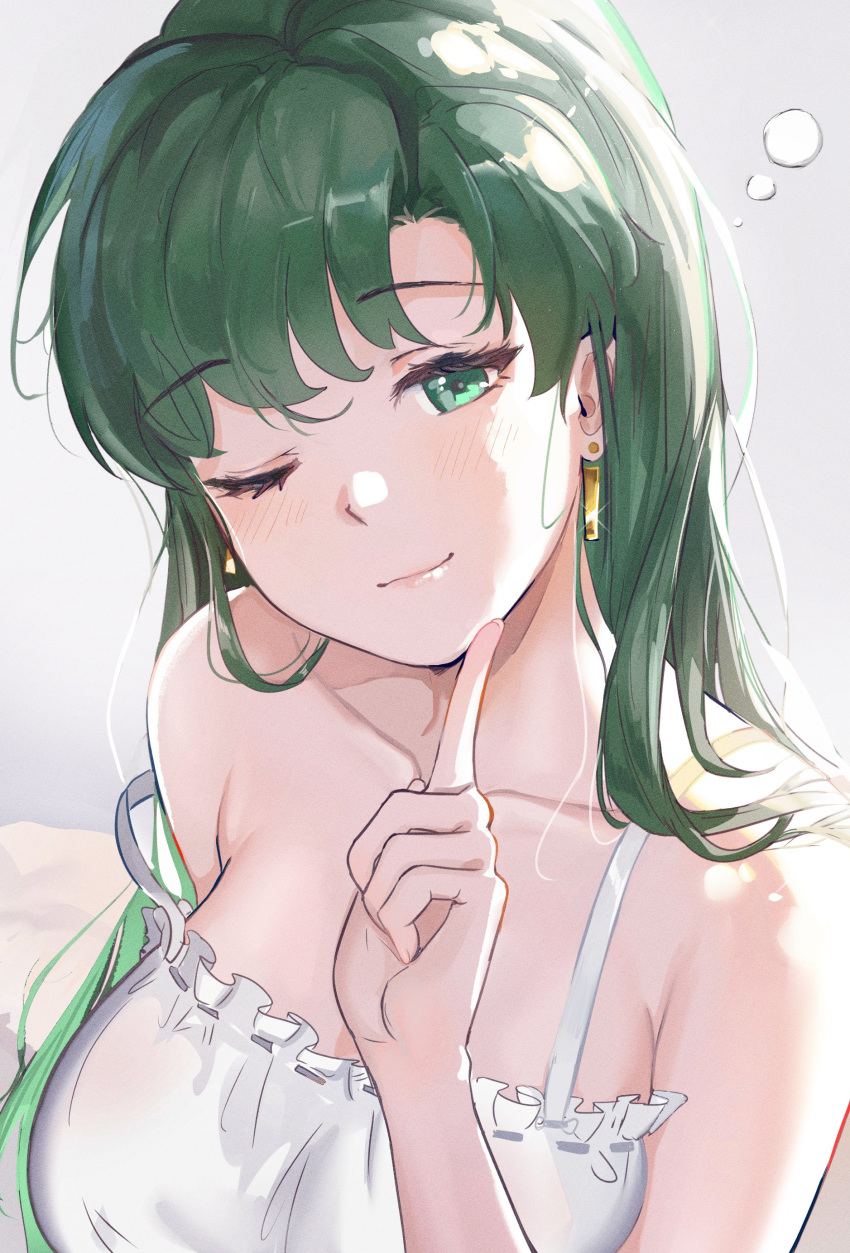 1girl absurdres bangs bare_shoulders blush breasts collarbone commentary cute earrings eyebrows_visible_through_hair fingernails fire_emblem fire_emblem:_rekka_no_ken fire_emblem:_the_blazing_blade fire_emblem_7 fire_emblem_blazing_sword frills gradient gradient_background green_eyes green_hair hand_up head_tilt highres index_finger_raised intelligent_systems jewelry lips long_hair looking_at_viewer lyn_(fire_emblem) medium_breasts moe nintendo one_eye_closed ormille shiny shiny_hair simple_background sleeveless smile solo upper_body