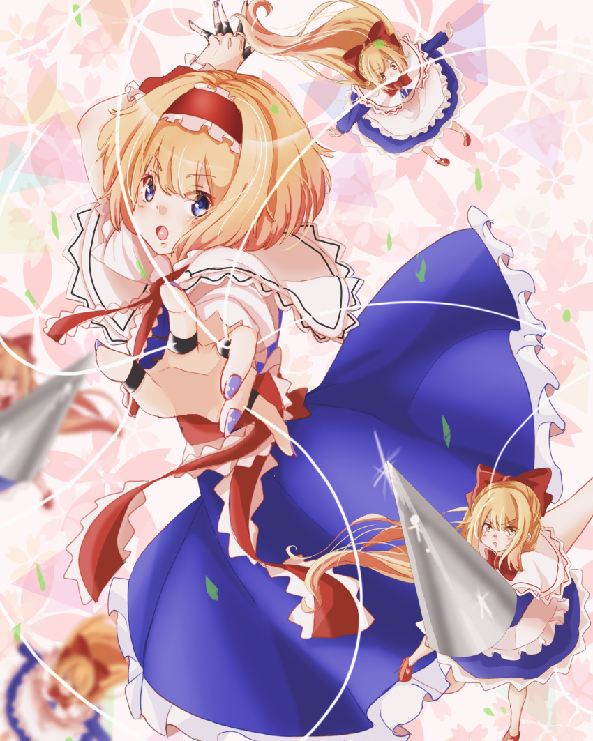 1girl :o absurdres alice_margatroid apron arms_up bangs blonde_hair blue_dress blue_eyes blurry bow capelet cherry_blossoms cowboy_shot depth_of_field dress expressionless eyebrows_visible_through_hair fingernails floating_hair floral_background flying foreshortening from_side glint gumi_(fwjn7284) hair_bow hairband highres holding_lance lance lolita_hairband long_hair looking_at_viewer mary_janes nail_polish outstretched_hand polearm puppet_rings puppet_strings purple_nails red_footwear sash shanghai_doll shoes short_hair solo touhou waist_apron weapon white_capelet