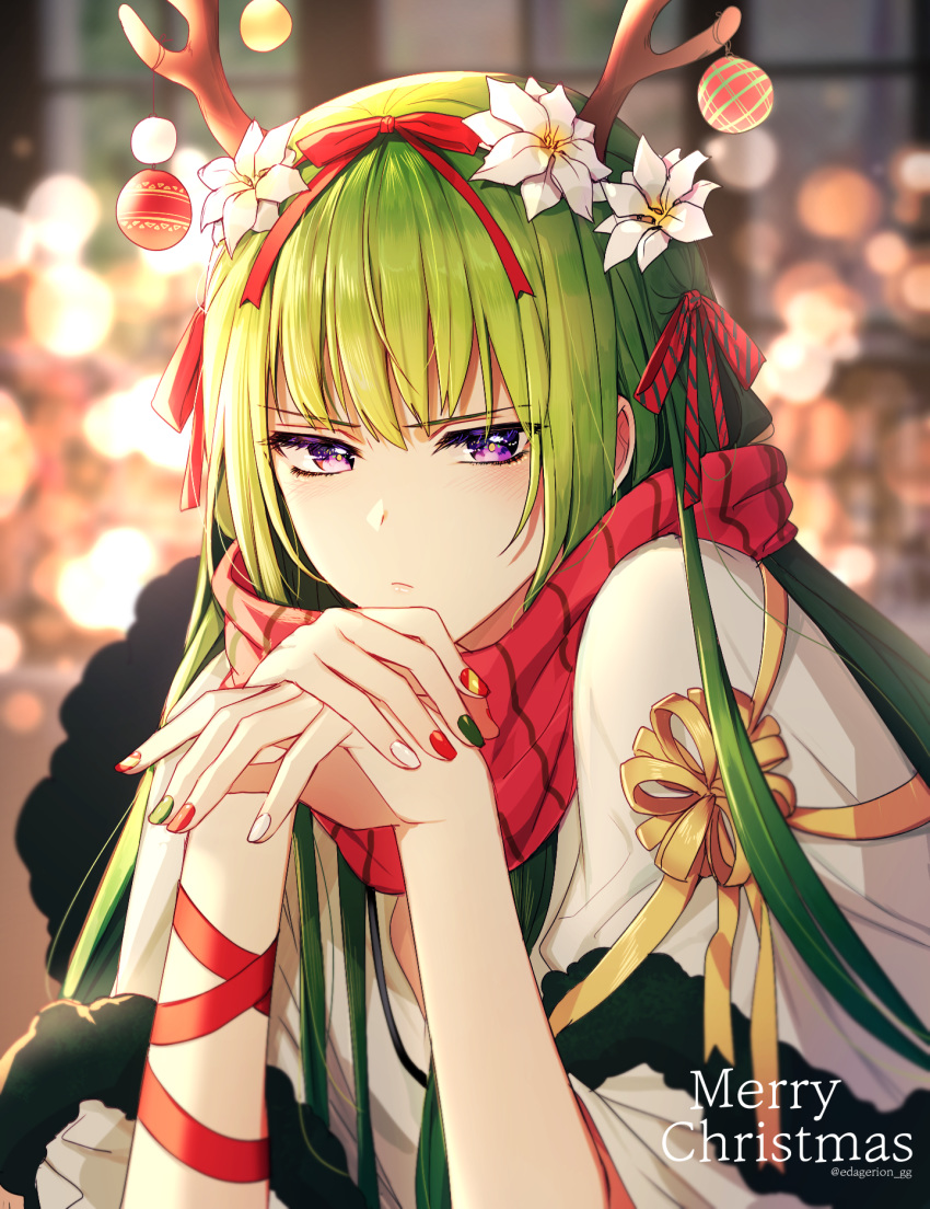 1boy androgynous antlers arm_ribbon bangs blurry blurry_background closed_mouth ede enkidu_(fate/strange_fake) fate/strange_fake fate_(series) flower frown green_hair green_nails hair_flower hair_ornament hair_ribbon highres long_hair looking_at_viewer merry_christmas multicolored multicolored_nails nail_polish otoko_no_ko plaid plaid_scarf red_nails red_ribbon red_scarf reindeer_antlers ribbon scarf shiny shiny_hair solo twitter_username very_long_hair violet_eyes white_flower yellow_ribbon