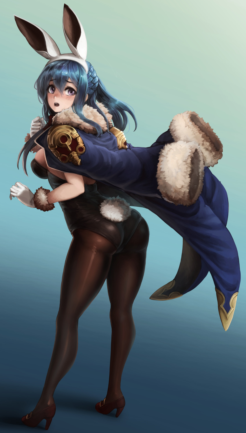1girl animal_ears ass bangs barbariank black_legwear black_leotard blue_hair brown_footwear bunny_girl bunny_tail bunnysuit commentary english_commentary eyebrows_visible_through_hair fake_animal_ears fake_tail full_body fur-trimmed_gloves fur_collar fur_trim gloves gradient gradient_background granblue_fantasy hair_between_eyes high_heels highres jacket_on_shoulders leotard long_hair looking_at_viewer open_mouth pantyhose rabbit_ears shoes simple_background solo tail therese_(granblue_fantasy) violet_eyes white_gloves