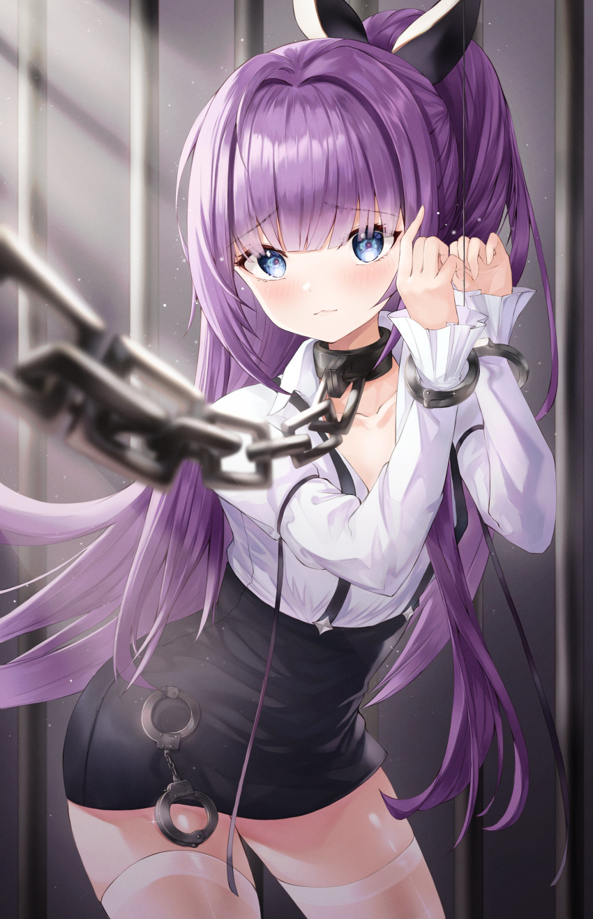 1girl absurdres azur_lane black_shorts blue_eyes blush bound bound_arms breasts chain collar cuffs eyebrows_visible_through_hair hair_between_eyes hair_ornament hair_ribbon handcuffs high-waist_shorts highres long_hair looking_at_viewer open_mouth ponytail prison purple_hair ribbon shirt short_shorts shorts solo suspender_shorts suspenders tashkent_(azur_lane) tashkent_(the_bound_cruiser)_(azur_lane) thigh-highs wakum white_legwear white_shirt