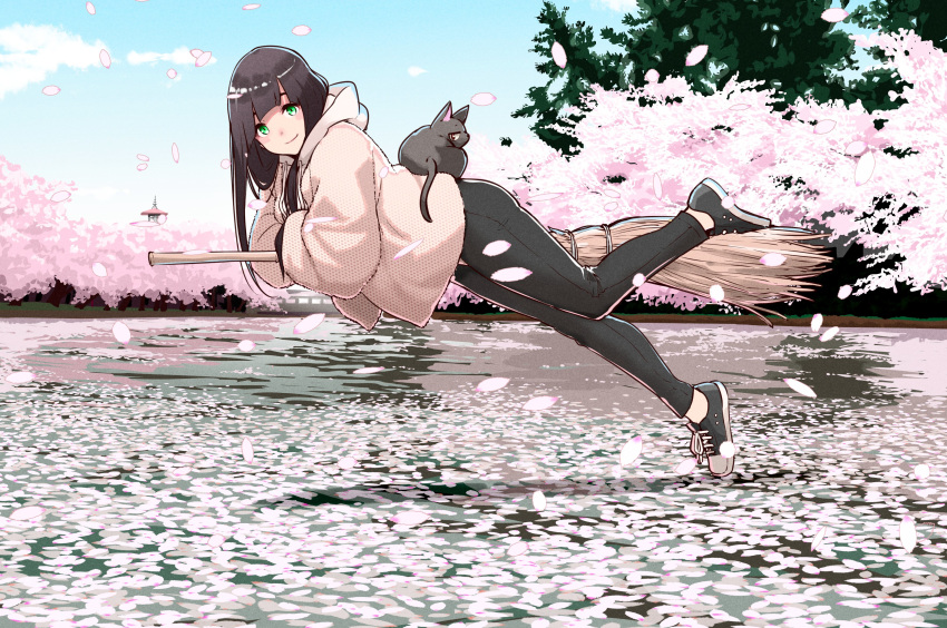 1girl absurdres black_hair black_pants blush broom broom_riding cat cherry_blossoms chito_(flying_witch) denim floating flying_witch green_eyes highres hood hooded_jacket ishizuka_chihiro jacket jeans kowata_makoto landscape long_hair looking_at_viewer lying on_stomach outdoors pants petals shoes smile sneakers solo spring_(season)
