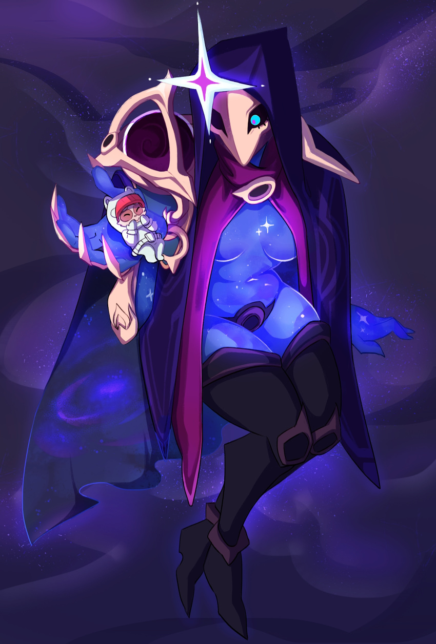 1boy 1girl artist_name astronaut astronaut_helmet blue_eyes breasts claws commission costume dark_star_jhin highres hood hood_up jhin league_of_legends looking_at_another open_eyes pacha_(pachastuff) shiny shiny_skin smile smiley_face star teemo thigh-highs
