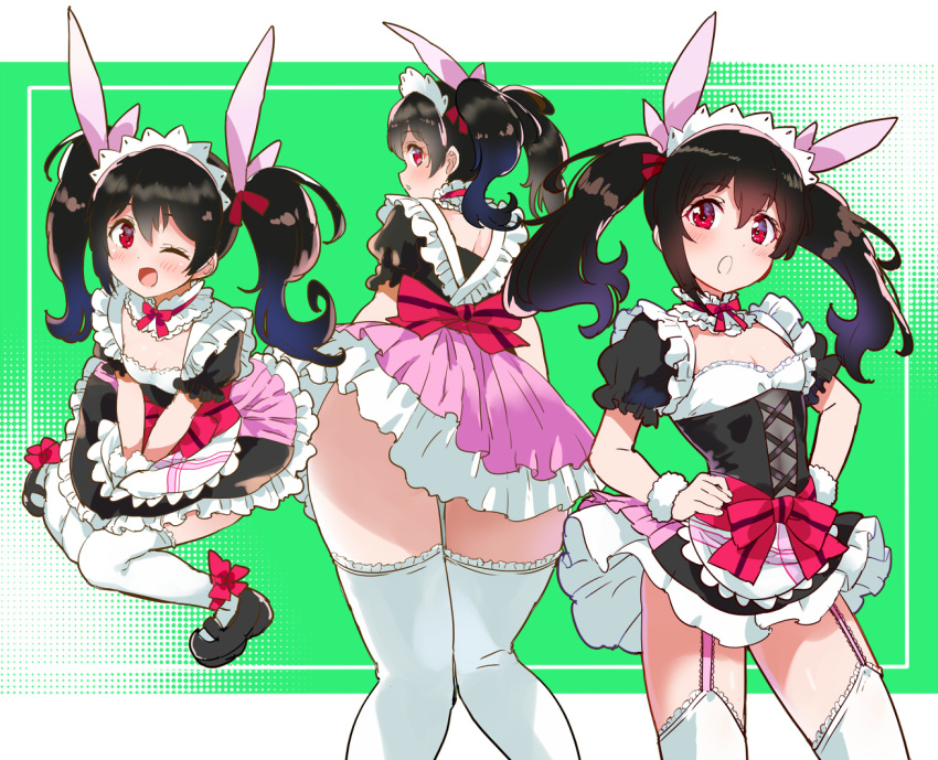 1girl :o ;d alternate_costume ascii_media_works black_footwear black_hair breasts bushiroad commentary_request cute enmaided from_behind garter_straps green_background hair_ribbon hands_on_hips kurokawa_makoto long_hair looking_at_viewer love_live! love_live!_school_idol_project maid moe multiple_views one_eye_closed open_mouth puffy_short_sleeves puffy_sleeves red_eyes ribbon sash shoes short_sleeves sitting small_breasts smile sunrise_(studio) thigh-highs twintails two-tone_background v_arms white_legwear wrist_cuffs yazawa_nico