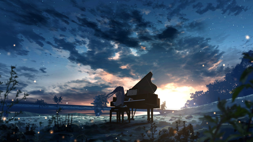 1girl adsuger backlighting black_skirt blue_hair blurry bridge clouds cloudy_sky commentary_request depth_of_field facing_away floating_hair forest grass grey_shirt hatsune_miku highres horizon instrument landscape leaf light_particles light_rays long_hair music nature outdoors piano piano_bench plant playing_instrument rock shadow sheet_music shirt sitting skirt sky solo star_(sky) starry_sky sun sunlight sunset tree twintails vocaloid wide_shot