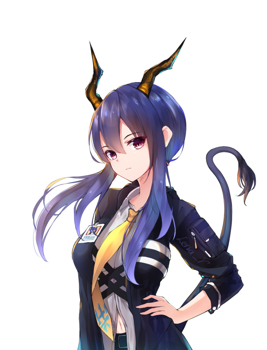 1girl arknights artist_name black_jacket blue_hair breasts ch'en_(arknights) closed_mouth collared_shirt commentary cowboy_shot dragon_horns dragon_tail english_commentary expressionless eyebrows_visible_through_hair hair_between_eyes hand_on_hip highres horns jacket leria_v long_hair looking_at_viewer medium_breasts midriff name_tag navel necktie open_clothes open_jacket shirt signature solo straight_hair tail twintails violet_eyes white_shirt wing_collar yellow_neckwear