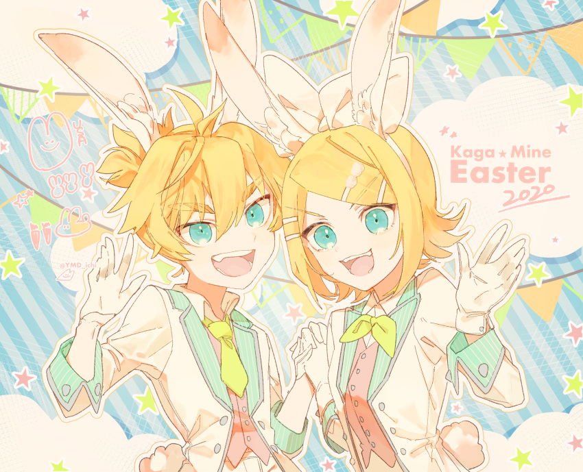 1boy 1girl 2020 animal_ears bangs blonde_hair blue_eyes bow character_name clouds commentary easter formal gloves hair_bow hand_up highres holding_hands jacket kagamine_len kagamine_rin looking_at_viewer neckerchief necktie open_mouth rabbit rabbit_ears red_vest short_hair short_ponytail smile spiky_hair star string_of_flags striped striped_background suit suit_jacket swept_bangs upper_body v-shaped_eyebrows vest vocaloid waving white_bow white_gloves white_jacket yamada_ichi yellow_neckwear