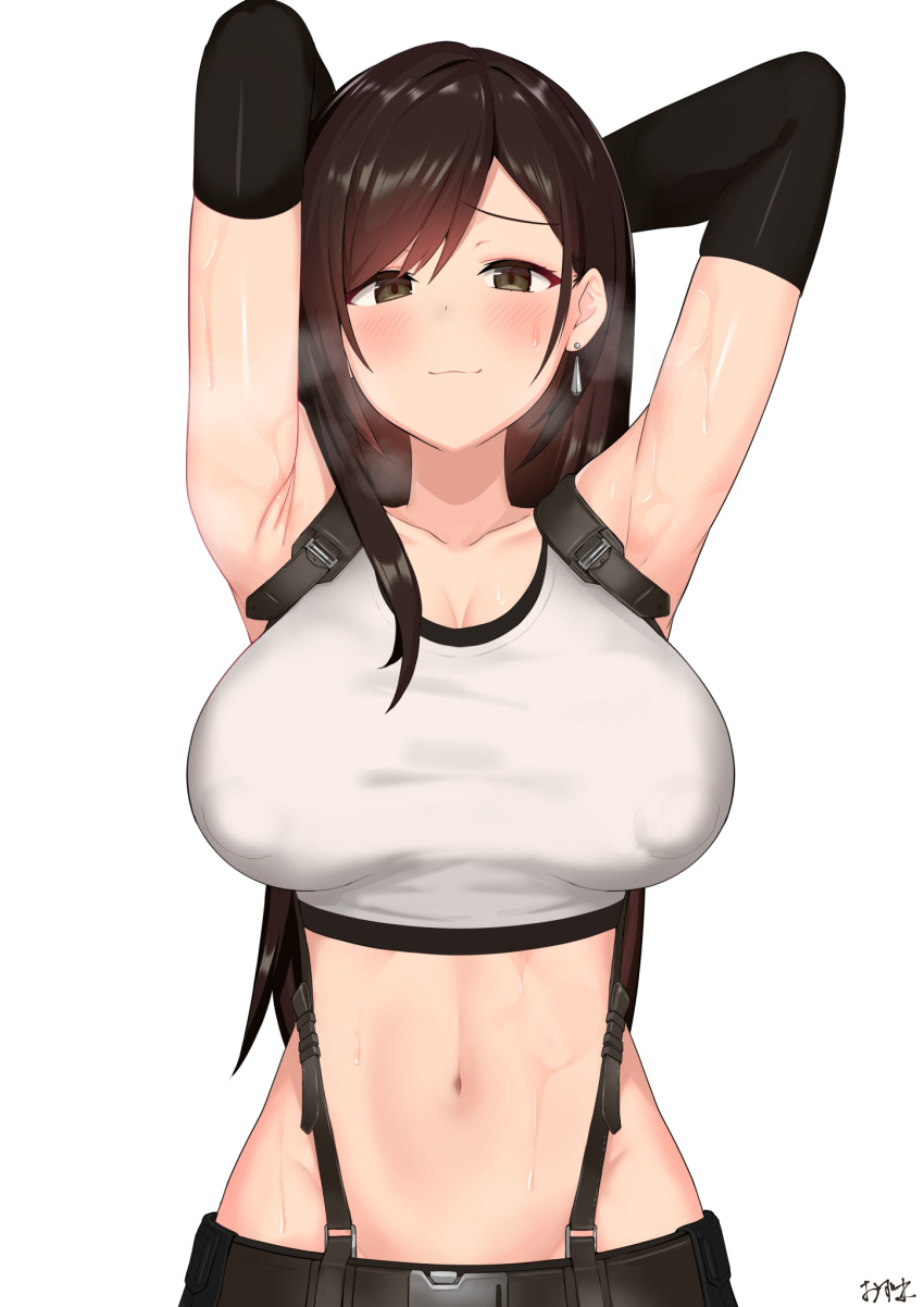 1girl armpits arms_behind_head arms_up bangs bare_shoulders belt black_hair black_skirt blush breasts brown_eyes collarbone earrings final_fantasy final_fantasy_vii gloves highres jewelry large_breasts light_smile long_hair looking_at_viewer midriff navel oz_(user_zakk5472) shirt simple_background skirt solo suspender_skirt suspenders swept_bangs tank_top taut_clothes taut_shirt tifa_lockhart white_tank_top