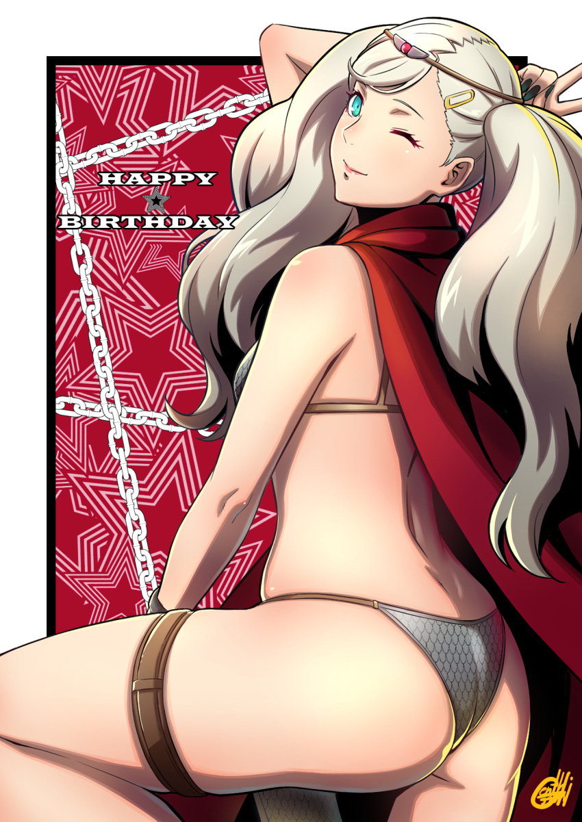 1girl back bikini blonde_hair cape chain chained circlet gentle_sasaki hair_ornament hairclip happy_birthday highres looking_back one_eye_closed persona persona_5 shiny shiny_skin signature solo swimsuit takamaki_anne twintails