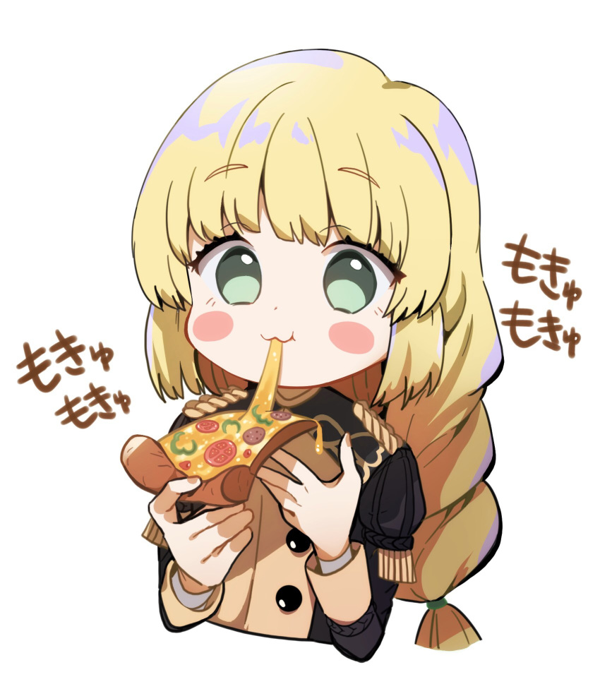 1girl blonde_hair blush_stickers eating fire_emblem fire_emblem:_three_houses food garreg_mach_monastery_uniform green_eyes highres holding ingrid_brandl_galatea long_hair long_sleeves oroshipon_zu pizza simple_background solo uniform upper_body white_background