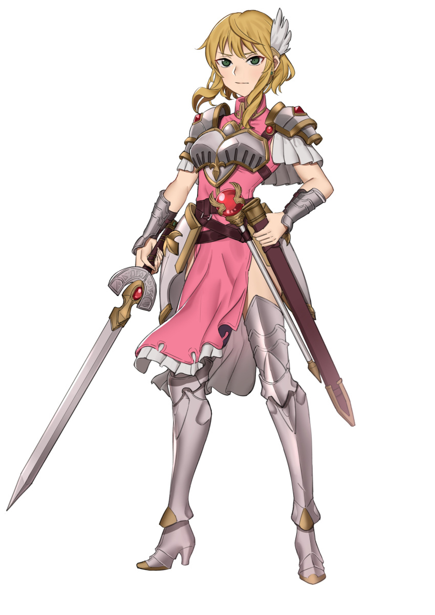 1girl absurdres armor armored_boots bare_arms blonde_hair boots breastplate capelet closed_mouth ebinku feathers fire_emblem fire_emblem:_genealogy_of_the_holy_war green_eyes hair_ornament hand_on_sheath highres nanna_(fire_emblem) pelvic_curtain scabbard serious sheath short_hair shoulder_armor staff sword vambraces weapon