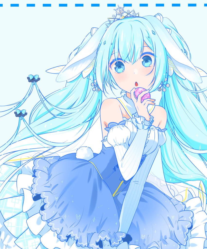 1girl absurdres bangs blue_eyes blue_hair bunny_tail bustier chestnut_mouth detached_sleeves diadem dress easter_egg egg floating_hair hair_between_eyes hatsune_miku highres holding layered_dress long_hair long_sleeves looking_at_viewer shiny shiny_hair so_ra_01_02 solo strapless strapless_dress tail twintails very_long_hair vocaloid white_sleeves yuki_miku