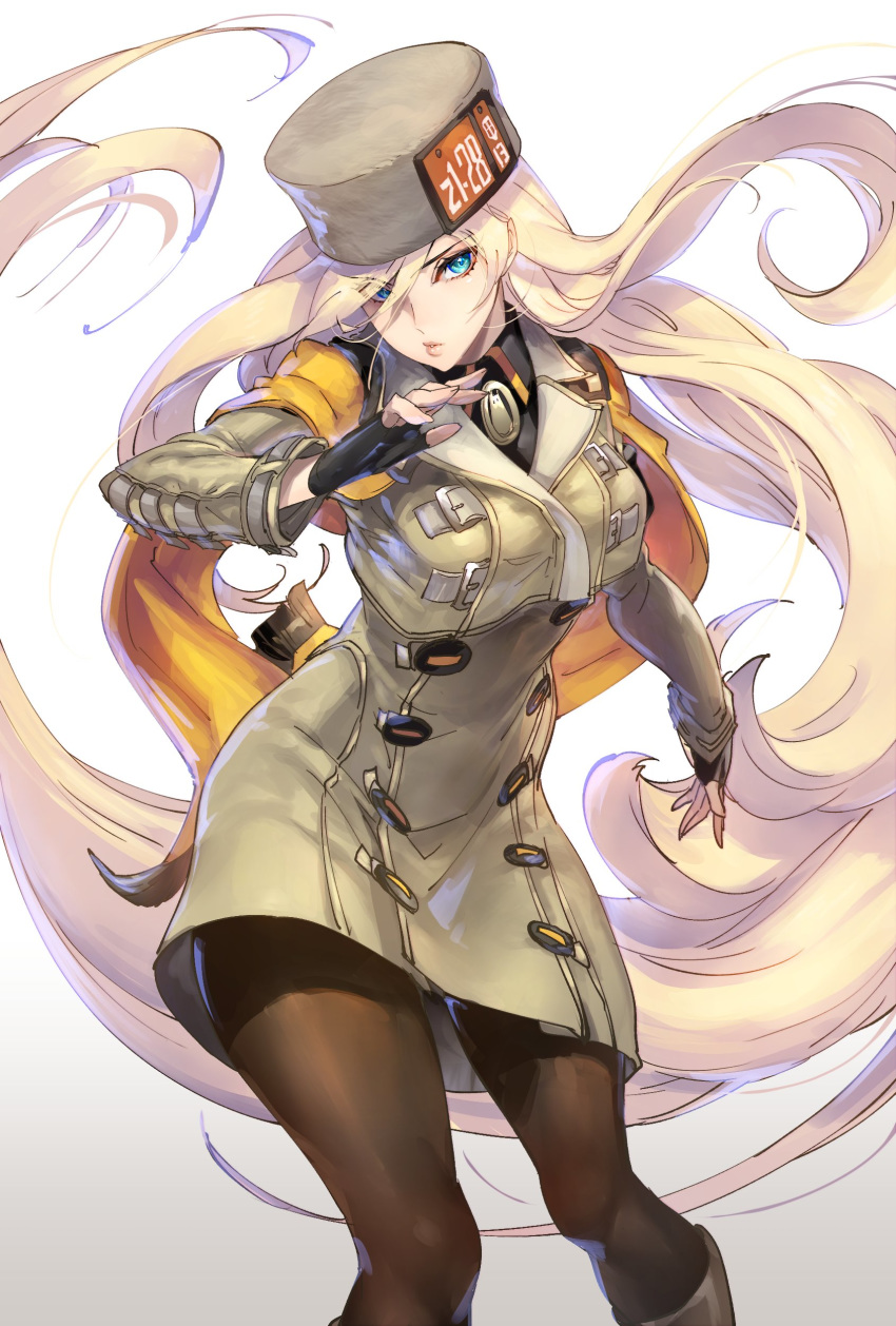 1girl absurdres bangs black_gloves blonde_hair blue_eyes breasts coat commentary_request eyebrows_visible_through_hair fingerless_gloves fingernails fur fur_hat gloves gradient gradient_background guilty_gear guilty_gear_strive hair_between_eyes hat highres kin_mokusei lips long_hair long_sleeves looking_at_viewer medium_breasts millia_rage pantyhose parted_lips shiny shiny_clothes shiny_skin simple_background solo ushanka