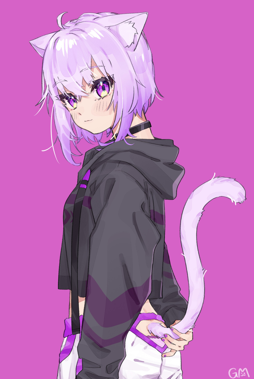 1girl :3 absurdres ahoge animal_ear_fluff animal_ears black_choker black_hoodie blush breasts cat_ears cat_tail choker closed_mouth commentary cowboy_shot eyebrows_visible_through_hair eyelashes from_side hair_between_eyes highres hololive hood hoodie idenshi_kumikae_(kabe_choron) lavender_hair long_sleeves looking_at_viewer medium_breasts midriff nail_polish nekomata_okayu panties pants panty_peek pink_panties purple_background purple_nails short_hair signature simple_background smile solo tail tail_cutout underwear violet_eyes virtual_youtuber white_pants