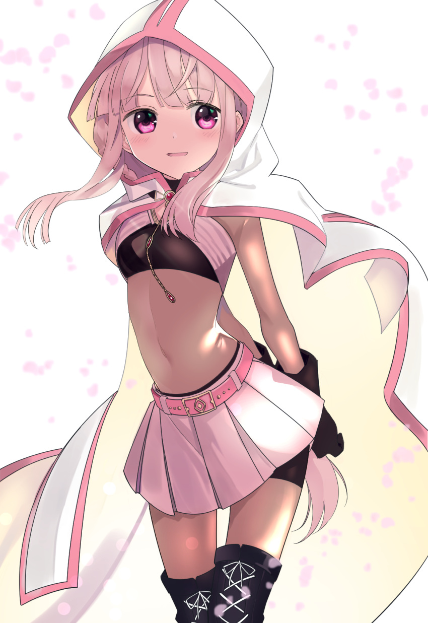 1girl arms_behind_back bag belt belt_buckle bike_shorts black_gloves black_shorts blush bodysuit buckle cape covered_navel flat_chest gloves highres hood hood_up hooded long_hair looking_at_viewer magia_record:_mahou_shoujo_madoka_magica_gaiden mahou_shoujo_madoka_magica micartoon_yasu miniskirt open_mouth pink_belt pink_eyes pink_hair pink_skirt pleated_skirt ponytail short_shorts shorts shorts_under_skirt skirt solo standing tamaki_iroha very_long_hair white_cape