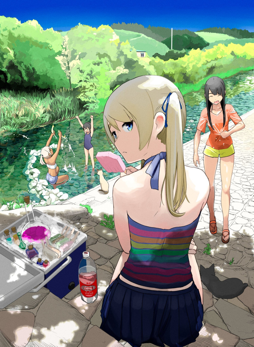 4girls backpack bag bare_shoulders blonde_hair blouse chito_(flying_witch) cooler cork ears eyebrows flask flying_witch food hair_ribbon halterneck highres ishizuka_chihiro kenny_(flying_witch) kowata_akane kowata_makoto kuramoto_chinatsu long_hair looking_at_viewer miniskirt multiple_girls outdoors pleated_skirt popsicle potion rainbow_order ribbon river riverbank round-bottom_flask shiina_anzu_(flying_witch) shoulder_blades sitting skirt solo_focus summer test_tube twintails vial