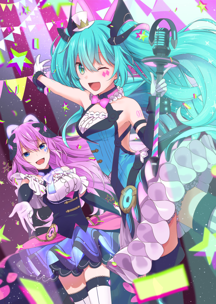 2girls :d ;d absurdres bangs black_sleeves blue_eyes blue_hair detached_sleeves dutch_angle eyebrows_visible_through_hair floating_hair gloves green_eyes hair_between_eyes hatsune_miku highres holding_microphone_stand huge_filesize index_finger_raised layered_skirt long_hair long_sleeves looking_at_viewer magical_mirai_(vocaloid) megurine_luka miniskirt multiple_girls one_eye_closed open_mouth outstretched_arm pink_hair pink_neckwear shiny shiny_hair skirt smile so_ra_01_02 standing striped striped_legwear thigh-highs twintails vertical-striped_legwear vertical_stripes very_long_hair vocaloid white_gloves white_legwear white_neckwear