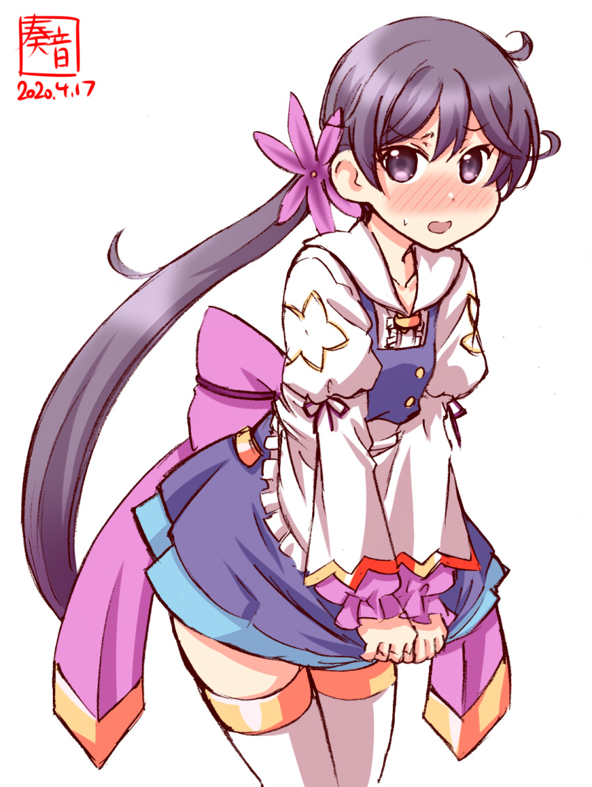1girl akebono_(kantai_collection) apron artist_logo blue_skirt character_request commentary_request cosplay cowboy_shot dated embarrassed flower flower_knight_girl frilled_apron frills hair_flower hair_ornament highres kanon_(kurogane_knights) kantai_collection long_hair look-alike looking_at_viewer purple_hair shirt side_ponytail simple_background skirt solo thigh-highs very_long_hair violet_eyes white_apron white_background white_legwear white_shirt
