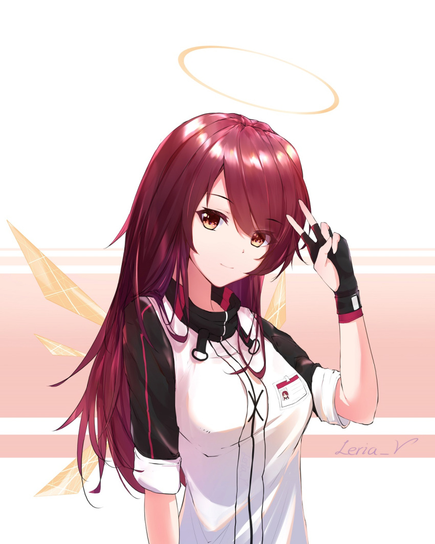 1girl alternate_hair_length alternate_hairstyle arknights artist_name black_gloves breasts chinese_commentary closed_mouth detached_wings exusiai_(arknights) eyebrows_visible_through_hair fingerless_gloves gloves hair_between_eyes halo highres leria_v light_smile long_hair looking_at_viewer medium_breasts name_tag orange_eyes pink_background redhead shirt signature simple_background smile solo turtleneck two-tone_background upper_body v white_background white_shirt wings