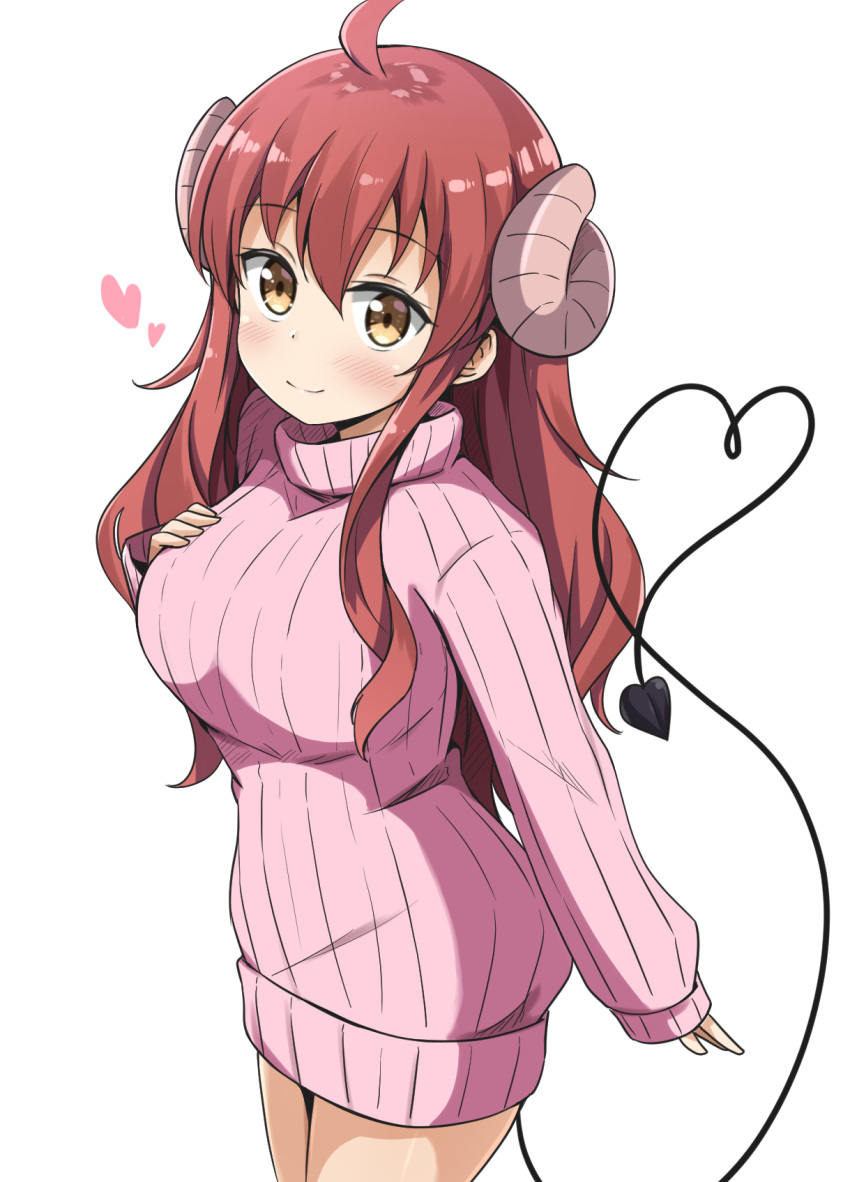 1girl ahoge aikawa_ryou bangs blush breasts brown_hair commentary_request demon_girl demon_horns demon_tail eyebrows_visible_through_hair hair_between_eyes heart_tail highres horns large_breasts long_hair machikado_mazoku pink_sweater simple_background sleeves_past_wrists solo sweater tail white_background yoshida_yuuko_(machikado_mazoku)