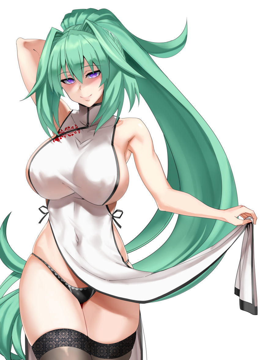 1girl absurdres bare_shoulders black_legwear black_panties blush brave_neptune breasts china_dress chinese_clothes dress green_hair green_heart hair_ornament highres large_breasts long_hair looking_at_viewer neptune_(series) nyamota open_mouth panties ponytail smile solo thigh-highs underwear very_long_hair violet_eyes