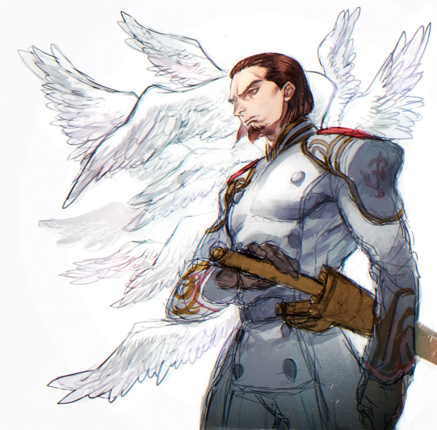 1boy angel_wings belt belt_buckle brown_eyes brown_gloves brown_hair buckle closed_mouth credo devil_may_cry devil_may_cry_4 facial_hair gloves goatee highres male_focus multiple_wings scabbard sheath simple_background sketch solo sutegoro sword uniform weapon white_background wings