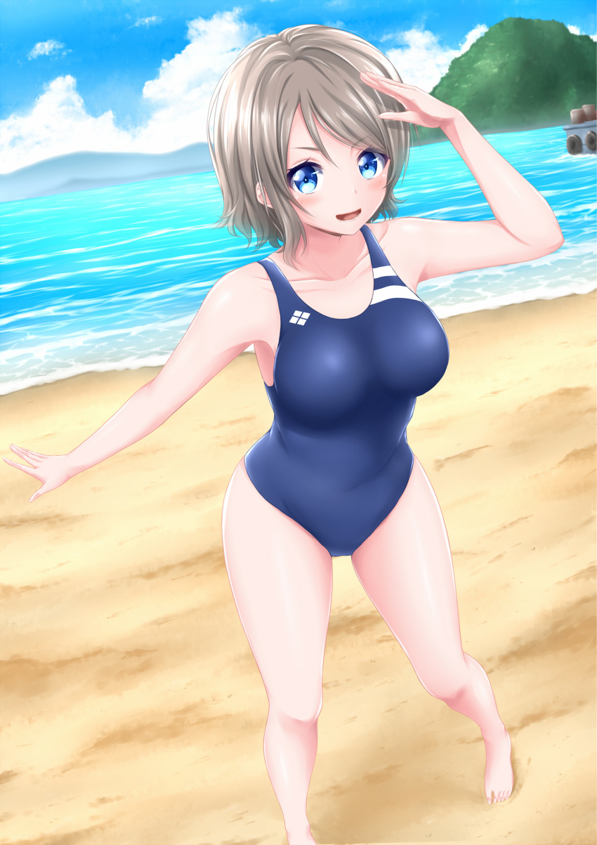 1girl absurdres barefoot beach blue_eyes blue_sky blue_swimsuit breasts clouds collarbone commentary_request competition_swimsuit day full_body grey_hair highres horizon looking_at_viewer love_live! love_live!_school_idol_project love_live!_sunshine!! medium_breasts mountain ocean one-piece_swimsuit oosato_haya outdoors salute sand short_hair sky solo standing swimsuit watanabe_you