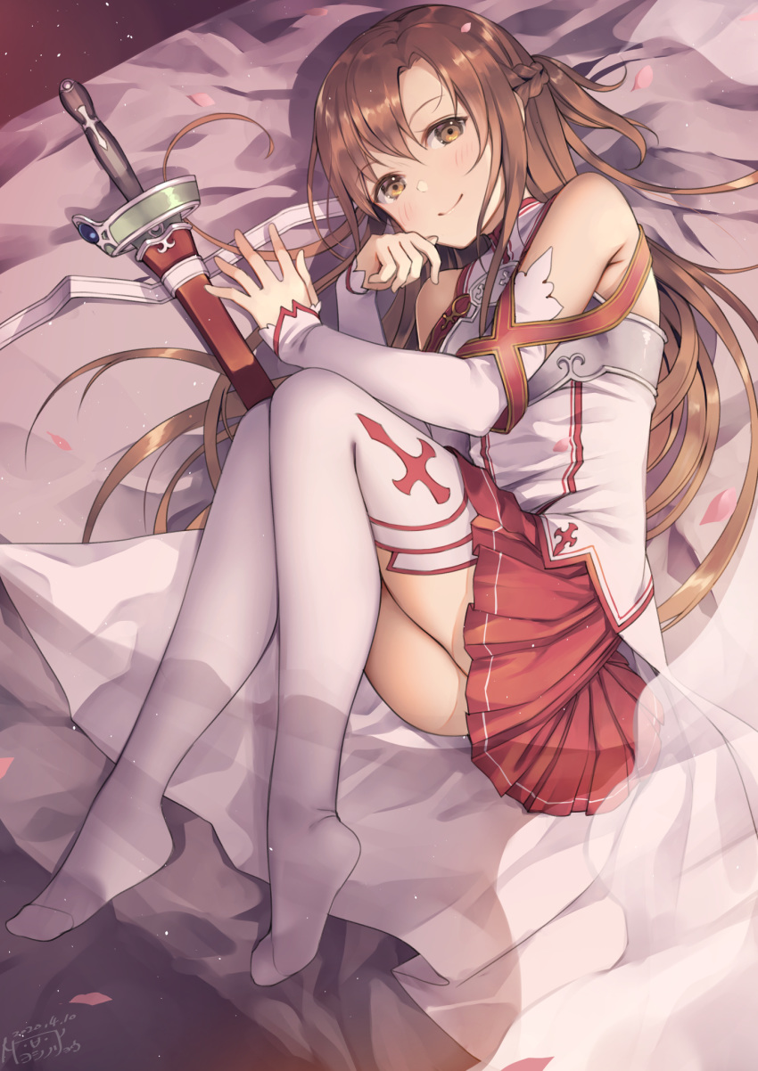1girl asuna_(sao) bangs bare_shoulders bed_sheet blush braid brown_eyes brown_hair closed_mouth commentary_request dated detached_sleeves eyebrows_visible_through_hair hair_between_eyes hands_up highres knees_up long_sleeves lying no_shoes on_side petals pleated_skirt red_skirt sheath sheathed shirt signature skirt sleeveless sleeveless_shirt sleeves_past_wrists smile solo sword sword_art_online thigh-highs weapon white_legwear white_shirt white_sleeves yoshino_ryou