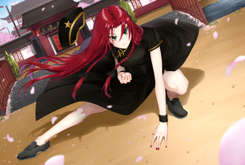 1girl bare_legs beret black_dress braid china_dress chinese_clothes dress fighting_stance hat hat_removed headwear_removed highres hong_meiling landing long_hair pose shoes short_sleeves side_slit star touhou twin_braids wrist_cuffs yuuma-nii