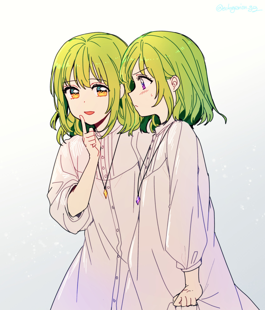 1other arm_up bangs blush closed_mouth dress ede enkidu_(fate/strange_fake) eyebrows_visible_through_hair fate/grand_order fate_(series) green_hair grey_background hair_between_eyes highres holding jewelry long_sleeves looking_at_viewer necklace neckwear open_mouth short_hair sidelocks simple_background smile sweat talking upper_body violet_eyes white_dress yellow_eyes younger