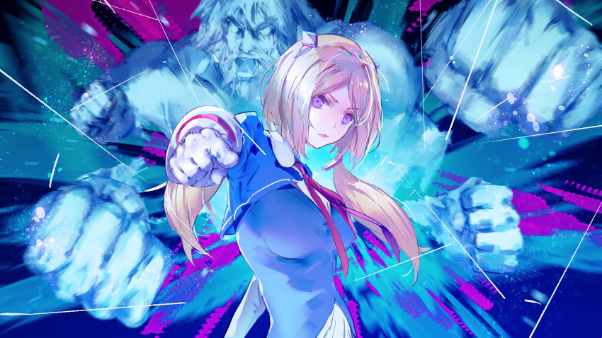 1girl afterimage aki_rosenthal bangs blonde_hair blue_vest breasts closed_mouth collared_shirt commentary detached_hair expressionless gloves gpag14 headpiece highres hololive jojo_no_kimyou_na_bouken large_breasts lips long_hair looking_at_viewer neck_ribbon parody parted_bangs pointing pointing_at_viewer punching red_neckwear red_ribbon ribbon shirt shrug_(clothing) solo spirit stand_(jojo) twintails upper_body vest violet_eyes virtual_youtuber white_gloves white_shirt wing_collar