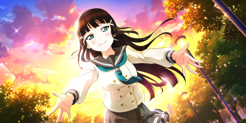 black_hair blush green_eyes kurosawa_dia long_hair love_live!_school_idol_festival_all_stars school_uniform smile