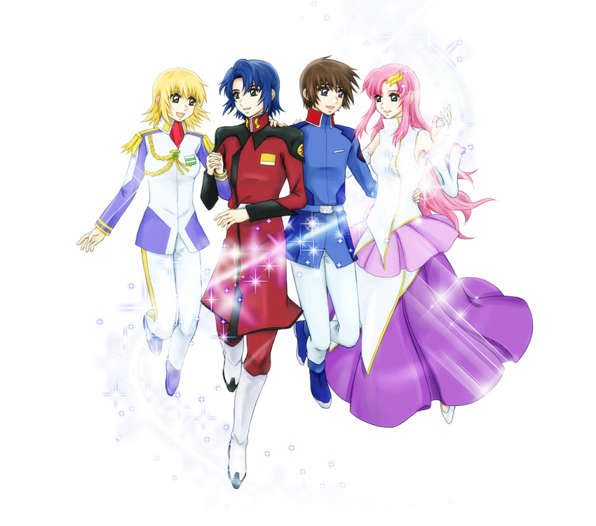 2boys 2girls athrun_zala blonde_hair blue_eyes blue_hair brown_hair cagalli_yula_athha detached_sleeves dress green_eyes gundam gundam_seed hair_ornament hairclip hand_on_another's_hip hand_on_another's_shoulder holding_hands kira_yamato lacus_clyne military military_uniform multiple_boys multiple_girls pink_hair purupurudog9 uniform violet_eyes yellow_eyes