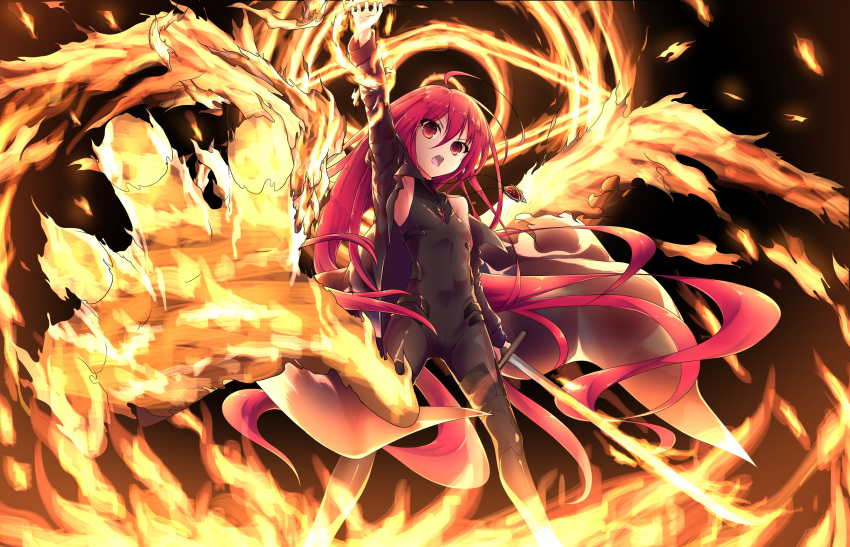 1girl absurdres ahoge bodysuit coat covered_navel flat_chest highres jewelry katana long_hair looking_at_viewer open_mouth pendant red_eyes redhead shakugan_no_shana shana shiny shiny_clothes skin_tight sleeveless solo sword taimanin_suit th-asary800 weapon