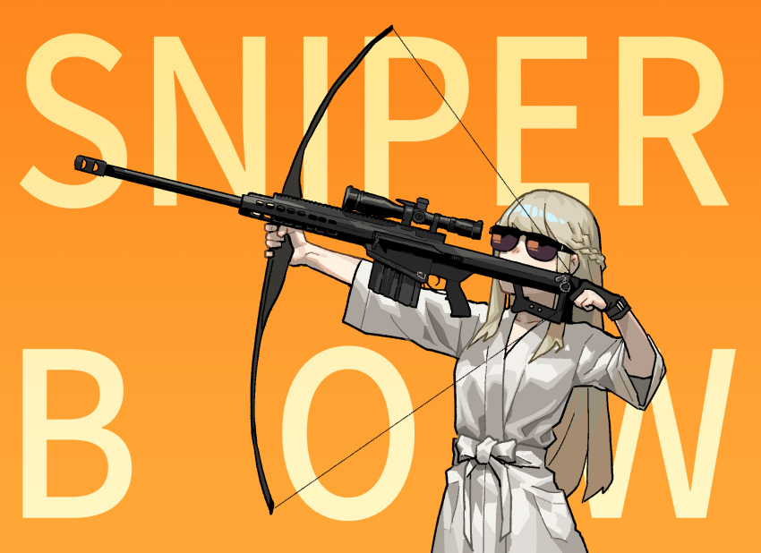 1girl aiming bathrobe black_gloves blonde_hair bow_(weapon) braid copyright_request english_text facing_viewer french_braid gloves gogalking gun highres holding holding_bow_(weapon) holding_weapon korean_commentary long_hair orange_background partly_fingerless_gloves rifle short_sleeves single_glove sniper_rifle solo sunglasses weapon you're_doing_it_wrong