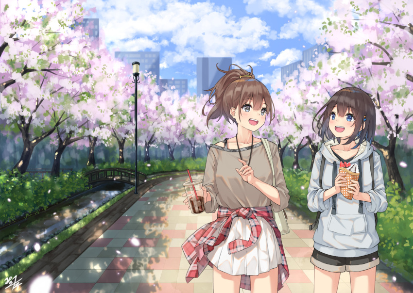 2girls :d backpack bag bare_shoulders black_hair black_shorts blue_eyes blue_hoodie blue_sky blush bridge brown_hair brown_shirt building cherry_blossoms clothes_around_waist clouds cloudy_sky collarbone commentary_request crepe cup day disposable_cup drawstring drinking_straw food grey_eyes hair_ornament hairclip high_ponytail holding holding_cup holding_food hood hood_down hoodie jacket jacket_around_waist lamppost miko_fly multiple_girls open_mouth original outdoors park petals plaid_jacket pleated_skirt ponytail red_jacket river shirt short_shorts shorts shoulder_bag skirt sky skyscraper smile standing tree upper_teeth white_skirt