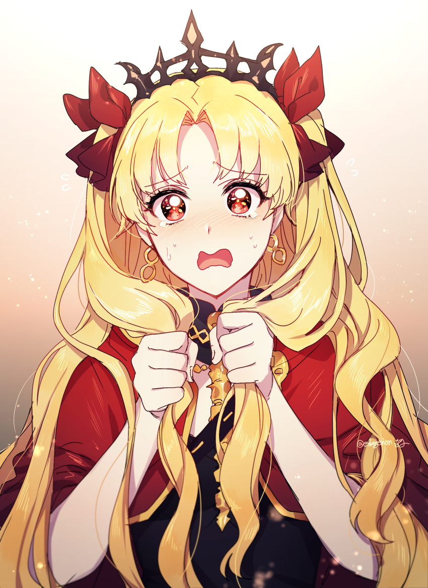 1girl absurdres blonde_hair bow cape diadem earrings ede ereshkigal_(fate/grand_order) fate/grand_order fate_(series) gradient gradient_background hair_bow hair_intakes highres holding holding_hair jewelry long_hair looking_at_viewer open_mouth red_bow red_cape red_eyes solo twintails twitter_username upper_body very_long_hair wavy_mouth white_background