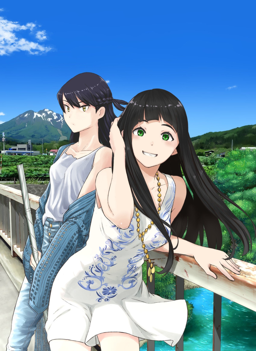 2girls bare_shoulders black_hair bridge collarbone denim dress flying_witch green_eyes grin hand_in_hair highres ishizuka_chihiro jeans jewelry kazuno_sayo kowata_makoto landscape long_hair looking_at_viewer multiple_girls necklace outdoors pants patterned_clothing river smile sundress tank_top white_dress