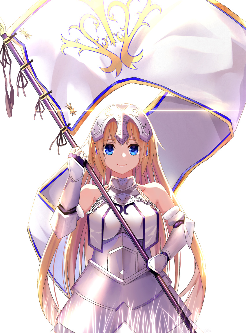 1girl absurdres armor bangs bare_shoulders blonde_hair blue_eyes breasts bridal_gauntlets closed_mouth dau4a eyebrows_visible_through_hair fate/apocrypha fate_(series) flag headpiece highres holding holding_flag jeanne_d'arc_(fate) jeanne_d'arc_(fate)_(all) large_breasts long_hair looking_at_viewer simple_background smile solo white_background